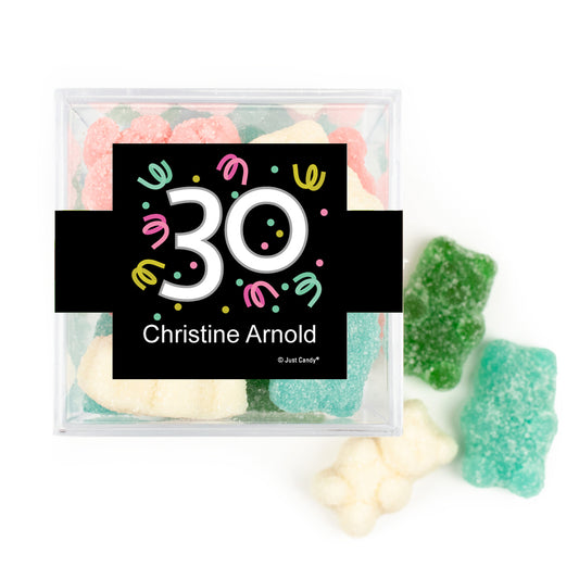 Personalized Milestones 30th Birthday Confetti JUST CANDY® favor cube with Sugar Sanded Gummy Bears