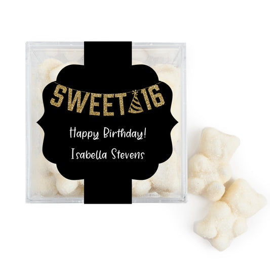Personalized Sweet 16 Birthday Glitter Party JUST CANDY® favor cube with Sugar Sanded Gummy Bears