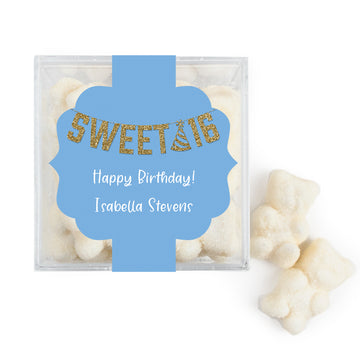 Personalized Sweet 16 Birthday Glitter Party JUST CANDY® favor cube with Sugar Sanded Gummy Bears