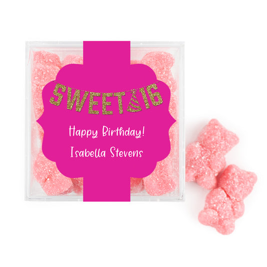 Personalized Sweet 16 Birthday Glitter Party JUST CANDY® favor cube with Sugar Sanded Gummy Bears