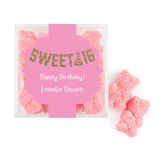 Personalized Sweet 16 Birthday Glitter Party JUST CANDY favor cube with Sugar Sanded Gummy Bears