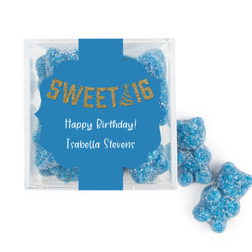 Personalized Sweet 16 Birthday Glitter Party JUST CANDY favor cube with Sugar Sanded Gummy Bears