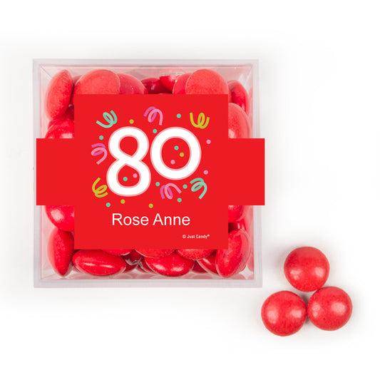 Personalized Milestone 80th Birthday Confetti JUST CANDY favor cube with Just Candy Milk Chocolate Minis