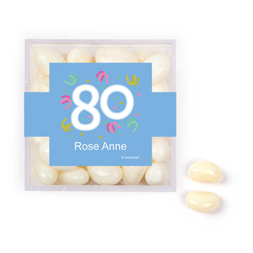 Personalized Milestones 80th Birthday Confetti JUST CANDY favor cube with Jelly Belly Jelly Beans