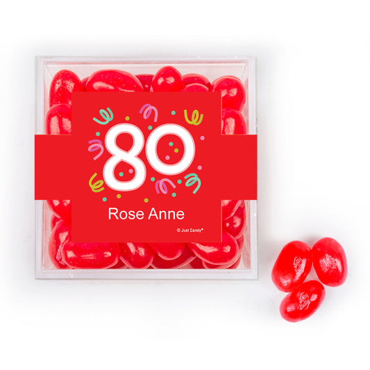 Personalized Milestones 80th Birthday Confetti JUST CANDY favor cube with Jelly Belly Jelly Beans
