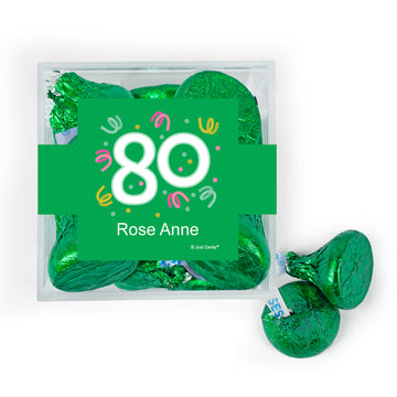 Personalized Milestone 80th Birthday Confetti JUST CANDY® favor cube with Hershey's Kisses