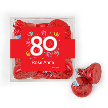Personalized Milestone 80th Birthday Confetti JUST CANDY favor cube with Hershey's Kisses