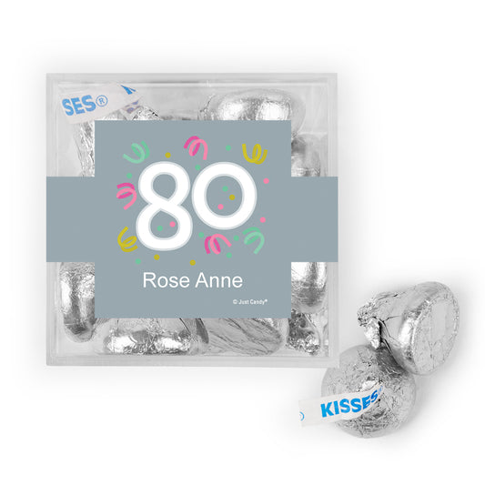 Personalized Milestone 80th Birthday Confetti JUST CANDY favor cube with Hershey's Kisses