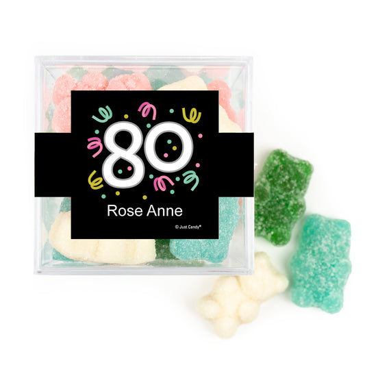 Personalized Milestones 80th Birthday Confetti JUST CANDY® favor cube with Sugar Sanded Gummy Bears