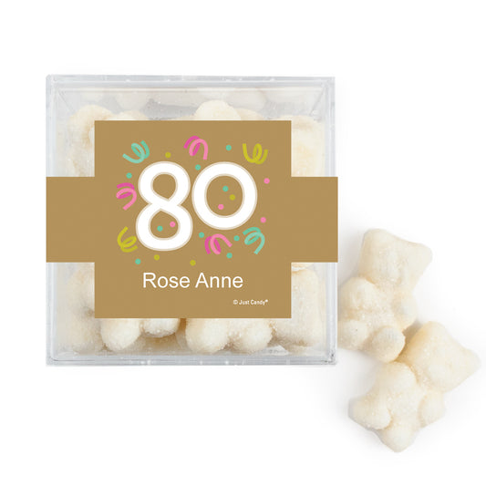 Personalized Milestones 80th Birthday Confetti JUST CANDY favor cube with Sugar Sanded Gummy Bears