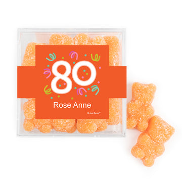 Personalized Milestones 80th Birthday Confetti JUST CANDY® favor cube with Sugar Sanded Gummy Bears