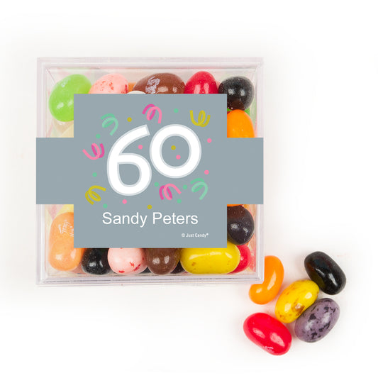 Personalized Milestones 60th Birthday Confetti JUST CANDY favor cube with Jelly Belly Jelly Beans