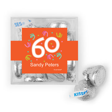 Personalized Milestone 60th Birthday Confetti JUST CANDY favor cube with Hershey's Kisses