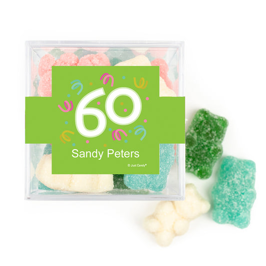 Personalized Milestones 60th Birthday Confetti JUST CANDY favor cube with Sugar Sanded Gummy Bears
