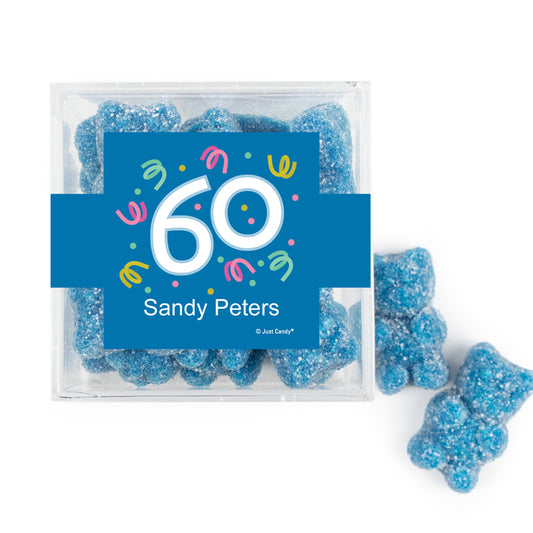 Personalized Milestones 60th Birthday Confetti JUST CANDY® favor cube with Sugar Sanded Gummy Bears