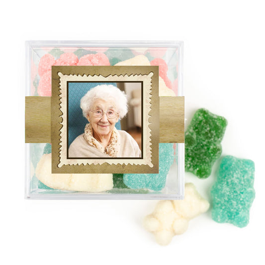 Personalized Milestones 100th Birthday Years in the Making JUST CANDY® favor cube with Sugar Sanded Gummy Bears