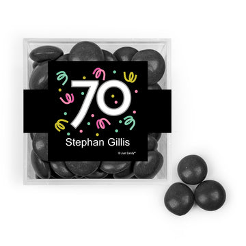 Personalized Milestone 70th Birthday Confetti JUST CANDY favor cube with Just Candy Milk Chocolate Minis