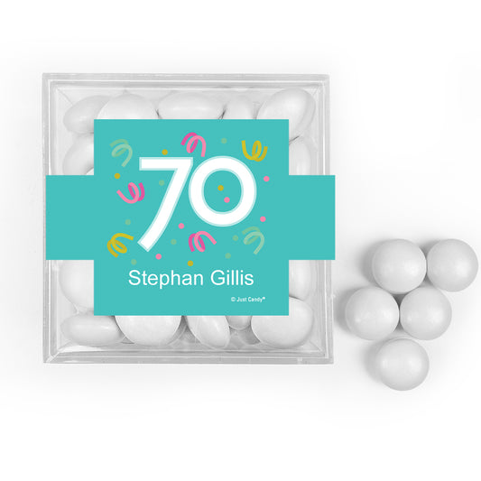 Personalized Milestone 70th Birthday Confetti JUST CANDY favor cube with Just Candy Milk Chocolate Minis