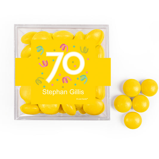 Personalized Milestone 70th Birthday Confetti JUST CANDY® favor cube with Just Candy Milk Chocolate Minis