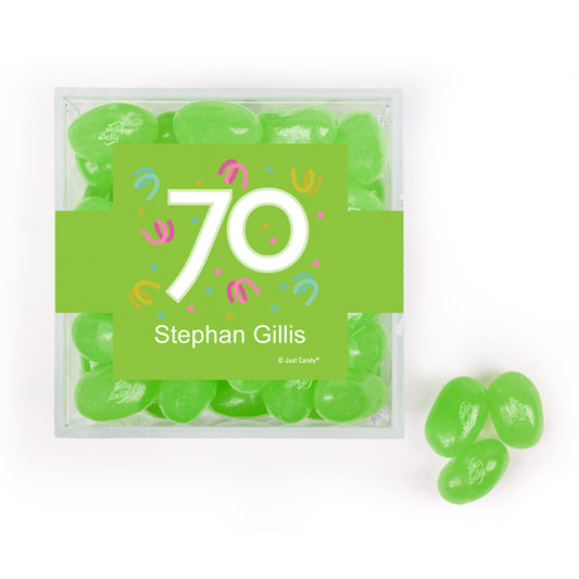 Personalized Milestones 70th Birthday Confetti JUST CANDY favor cube with Jelly Belly Jelly Beans