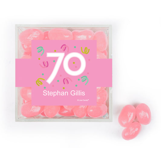 Personalized Milestones 70th Birthday Confetti JUST CANDY® favor cube with Jelly Belly Jelly Beans