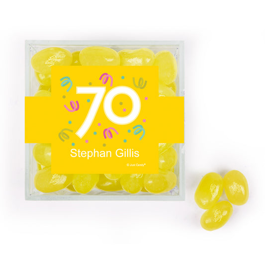 Personalized Milestones 70th Birthday Confetti JUST CANDY favor cube with Jelly Belly Jelly Beans