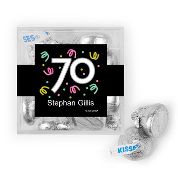 Personalized Milestone 70th Birthday Confetti JUST CANDY favor cube with Hershey's Kisses