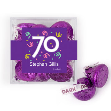 Personalized Milestone 70th Birthday Confetti JUST CANDY® favor cube with Hershey's Kisses