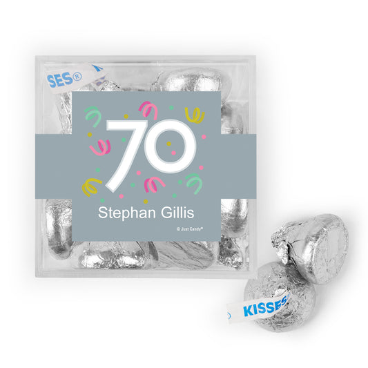 Personalized Milestone 70th Birthday Confetti JUST CANDY favor cube with Hershey's Kisses