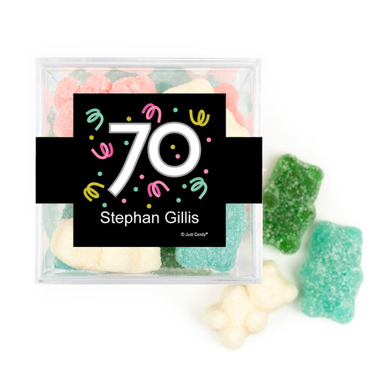 Personalized Milestones 70th Birthday Confetti JUST CANDY® favor cube with Sugar Sanded Gummy Bears