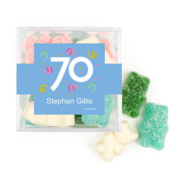 Personalized Milestones 70th Birthday Confetti JUST CANDY favor cube with Sugar Sanded Gummy Bears