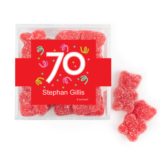 Personalized Milestones 70th Birthday Confetti JUST CANDY® favor cube with Sugar Sanded Gummy Bears
