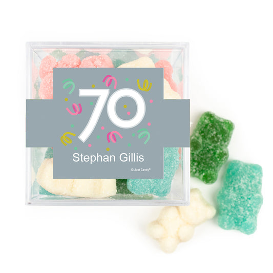 Personalized Milestones 70th Birthday Confetti JUST CANDY favor cube with Sugar Sanded Gummy Bears