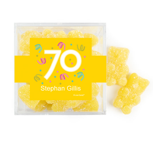 Personalized Milestones 70th Birthday Confetti JUST CANDY favor cube with Sugar Sanded Gummy Bears