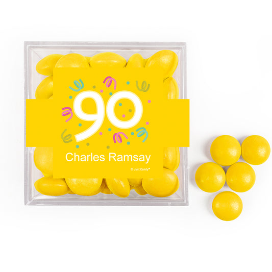 Personalized Milestone 90th Birthday Confetti JUST CANDY favor cube with Just Candy Milk Chocolate Minis