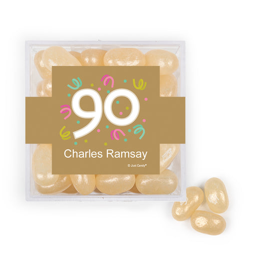 Personalized Milestones 90th Birthday Confetti JUST CANDY favor cube with Jelly Belly Jelly Beans