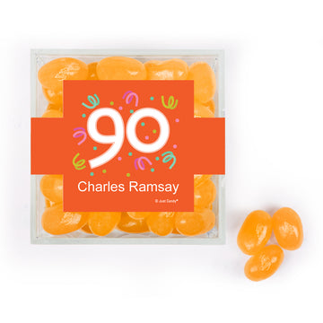 Personalized Milestones 90th Birthday Confetti JUST CANDY favor cube with Jelly Belly Jelly Beans