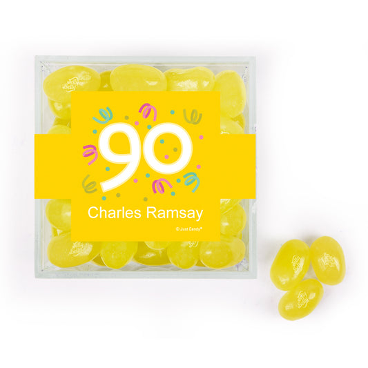 Personalized Milestones 90th Birthday Confetti JUST CANDY favor cube with Jelly Belly Jelly Beans