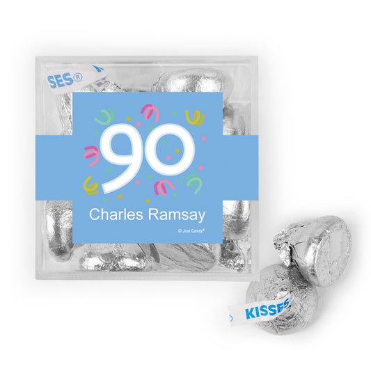 Personalized Milestone 90th Birthday Confetti JUST CANDY favor cube with Hershey's Kisses