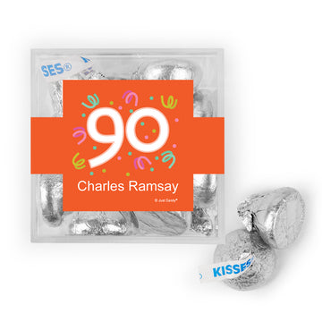 Personalized Milestone 90th Birthday Confetti JUST CANDY favor cube with Hershey's Kisses