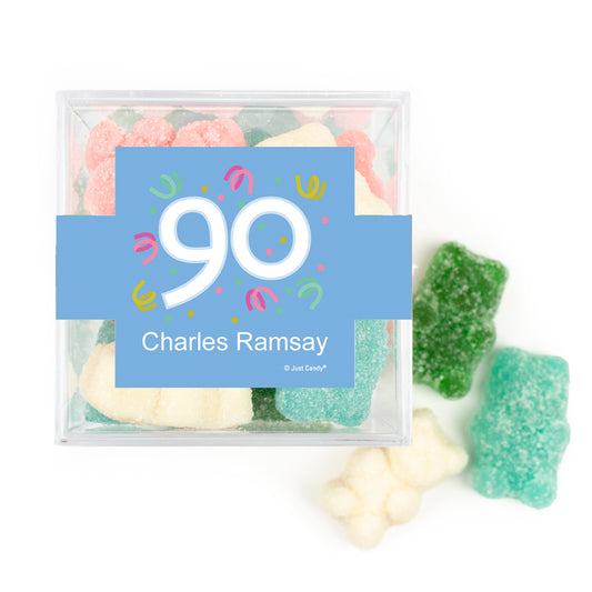 Personalized Milestones 90th Birthday Confetti JUST CANDY® favor cube with Sugar Sanded Gummy Bears