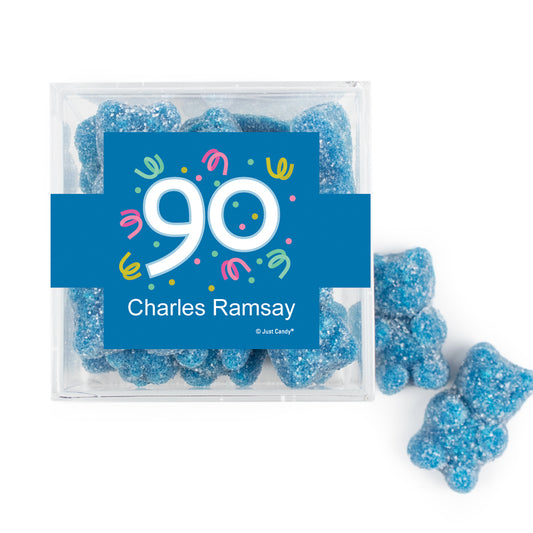 Personalized Milestones 90th Birthday Confetti JUST CANDY favor cube with Sugar Sanded Gummy Bears