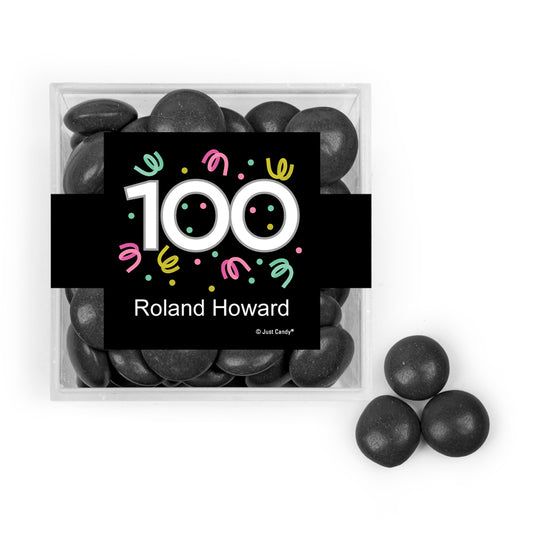 Personalized Milestone 100th Birthday Confetti JUST CANDY® favor cube with Just Candy Milk Chocolate Minis