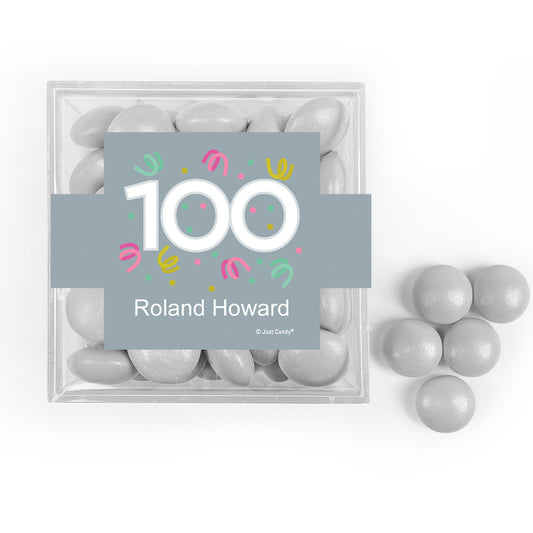 Personalized Milestone 100th Birthday Confetti JUST CANDY favor cube with Just Candy Milk Chocolate Minis