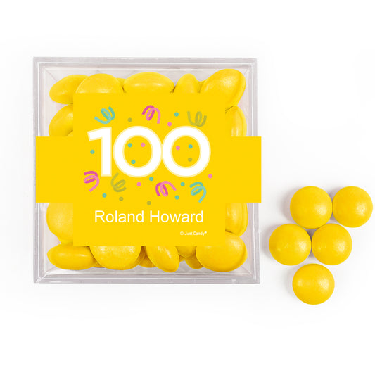 Personalized Milestone 100th Birthday Confetti JUST CANDY favor cube with Just Candy Milk Chocolate Minis