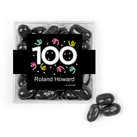 Personalized Milestones 100th Birthday Confetti JUST CANDY® favor cube with Jelly Belly Jelly Beans
