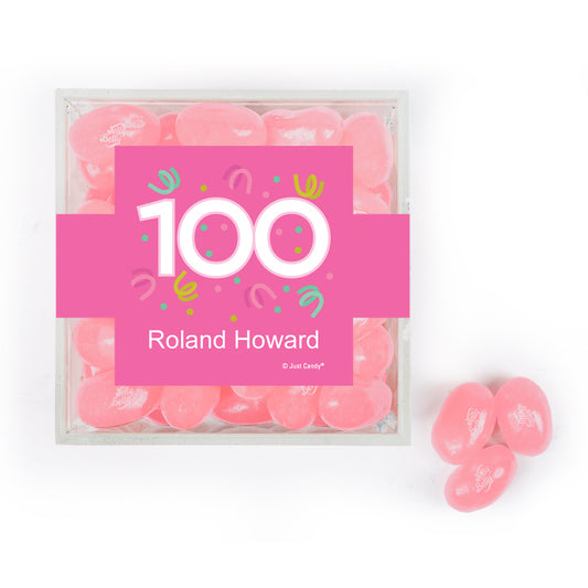 Personalized Milestones 100th Birthday Confetti JUST CANDY® favor cube with Jelly Belly Jelly Beans