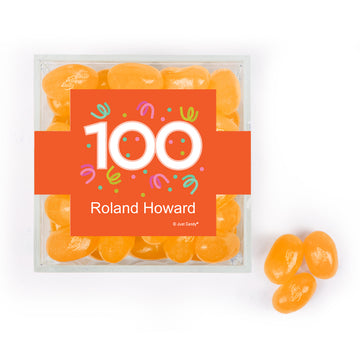 Personalized Milestones 100th Birthday Confetti JUST CANDY favor cube with Jelly Belly Jelly Beans