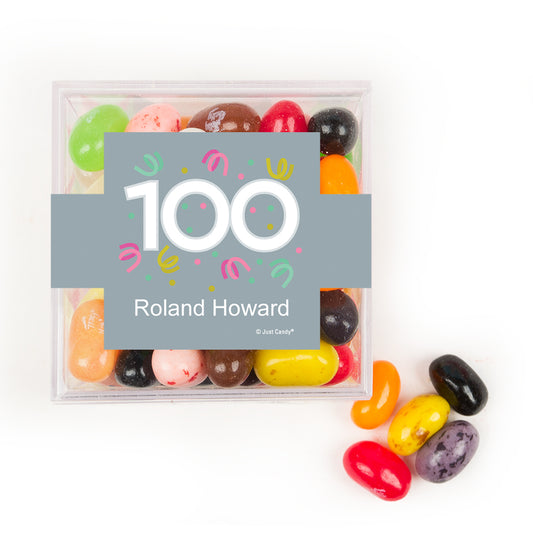 Personalized Milestones 100th Birthday Confetti JUST CANDY favor cube with Jelly Belly Jelly Beans