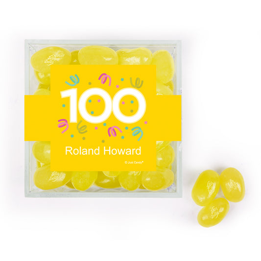 Personalized Milestones 100th Birthday Confetti JUST CANDY favor cube with Jelly Belly Jelly Beans